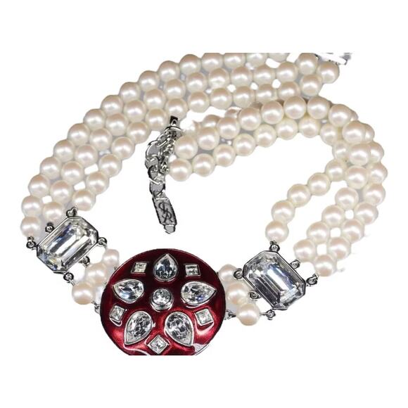 VTG YSL Yves Saint Laurent Collar 3 Faux Pearls Strand Crystal Enamel Necklace - Picture 1 of 3